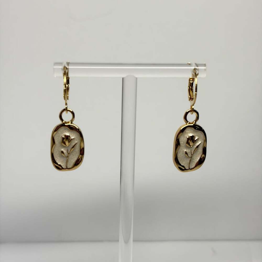 Stainless Steel Gold Plated Tulip Flower White Enamel Oval Drop Leverback Earrin